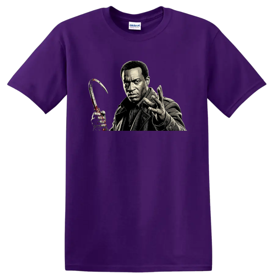Candyman horror character portrait with curved hook graphic on a Purple T Shirt