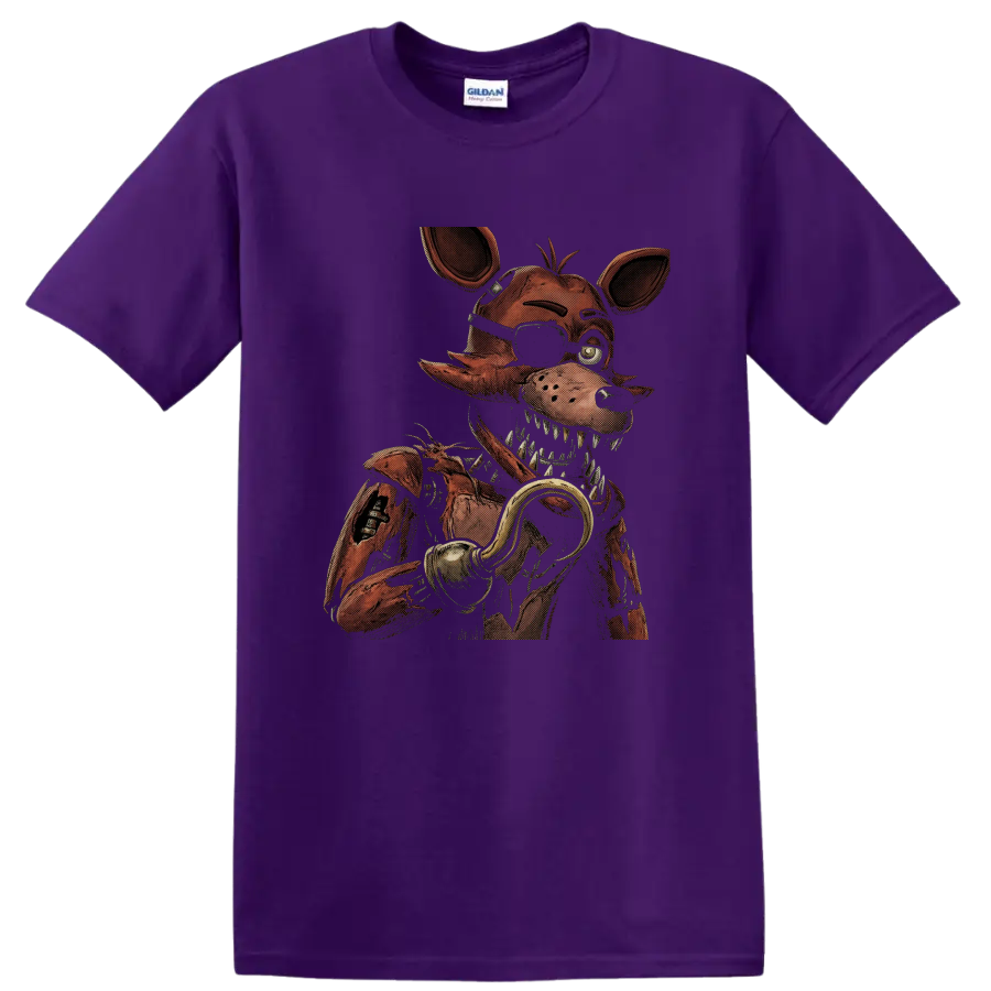 Withered Foxy distressed pirate animatronic horror graphic on a Purple T Shirt
