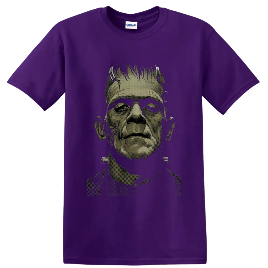 Frankenstein's Monster vintage horror portrait graphic on a Purple T Shirt
