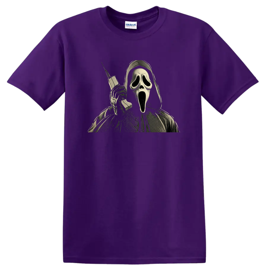 Vintage Ghostface Scream horror graphic holding a telephone on a Purple T Shirt