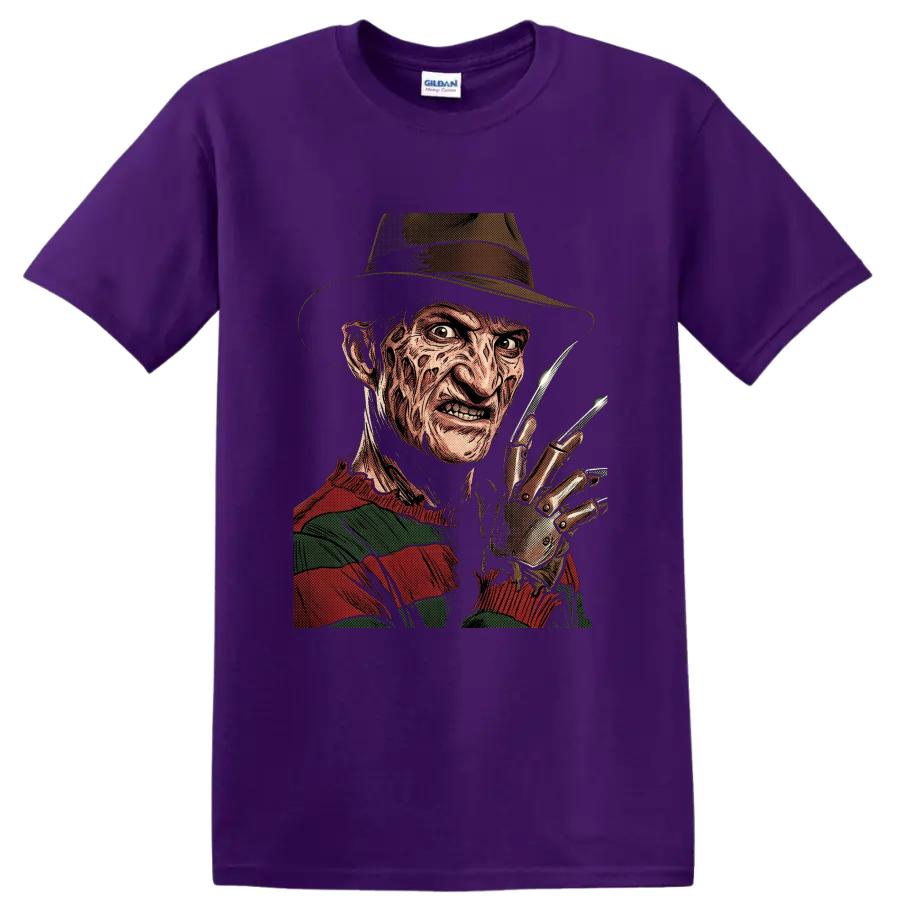 Freddy Krueger vintage comic horror portrait with bladed glove on a Purple T Shirt