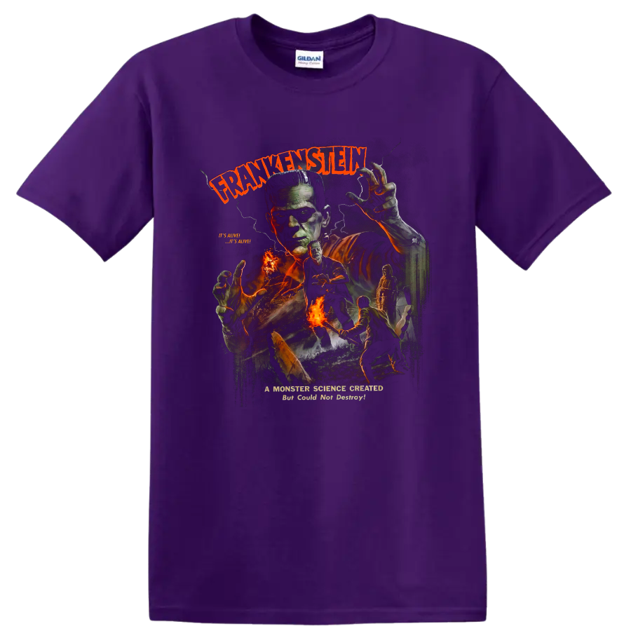 Boris Karloff Frankenstein's Monster vintage horror graphic with Frankenstein text on a Purple T Shirt