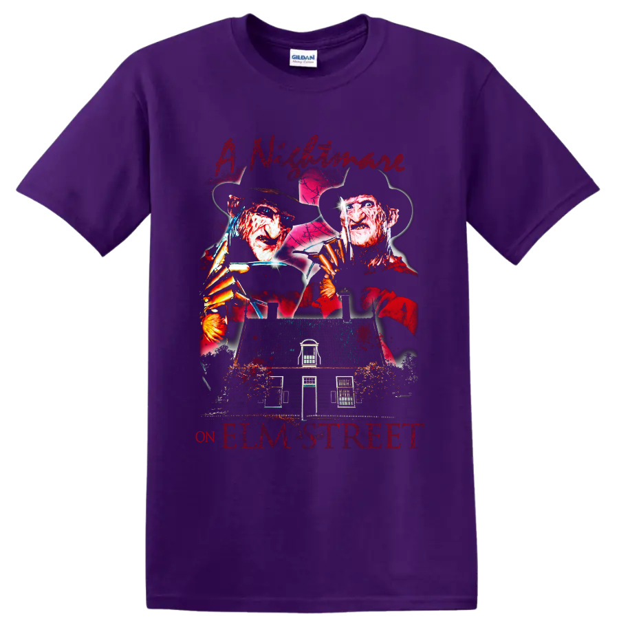 Freddy Krueger A Nightmare on Elm Street horror graphic with haunted house on a Purple T Shirt