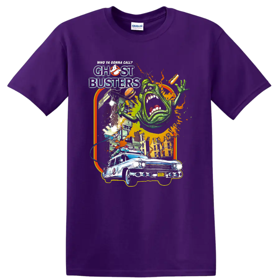 Slimer and Ecto-1 Ghostbusters retro horror graphic on a Purple T Shirt