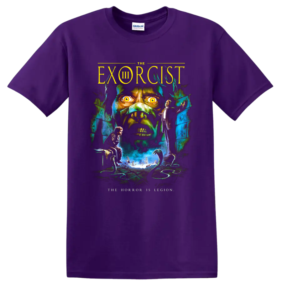 The Exorcist III gothic horror poster art with a glowing-eyed demon face on a Purple T Shirt