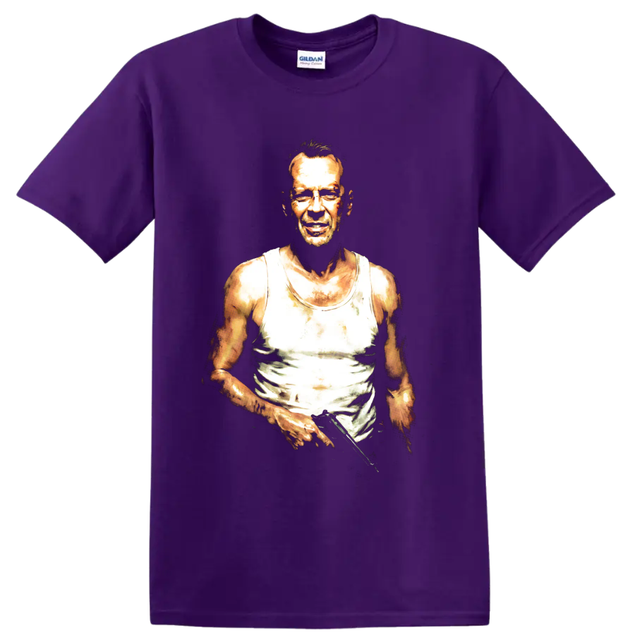 John McClane from Die Hard in a gritty high-contrast portrait on a Purple T Shirt