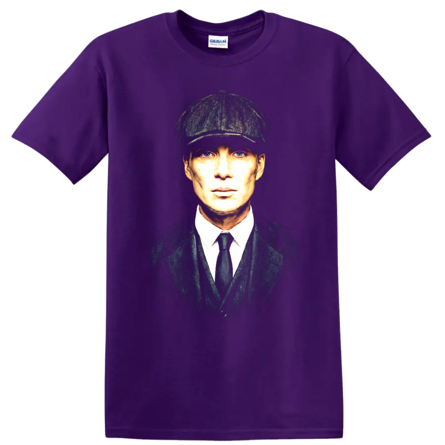 Thomas Shelby portrait in flat cap and suit, vintage graphic print on a Purple T Shirt