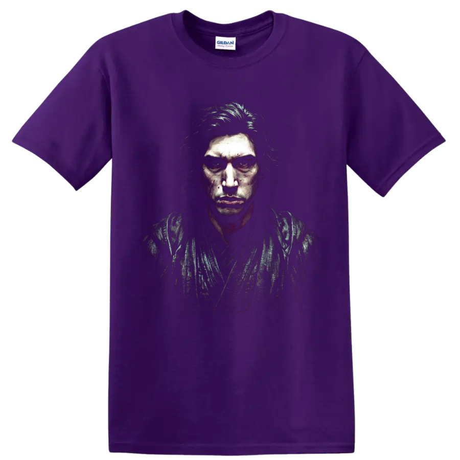 Kylo Ren Adam Driver dark distressed portrait graphic on a Purple T Shirt
