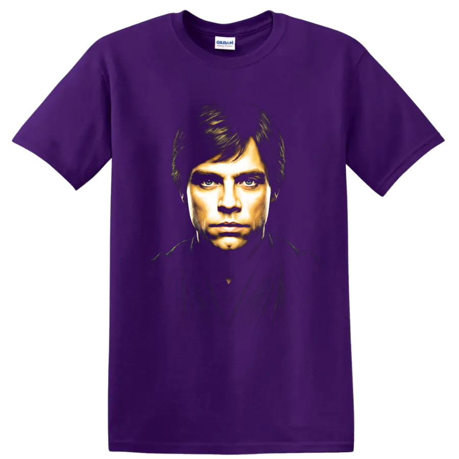 Luke Skywalker portrait graphic print from Star Wars on a Purple T Shirt