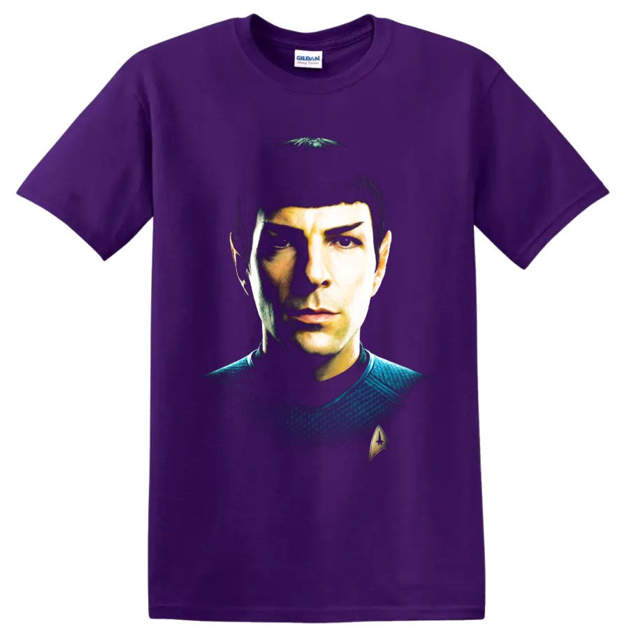 Spock Star Trek portrait graphic with pointed ears and Starfleet insignia on a Purple T Shirt