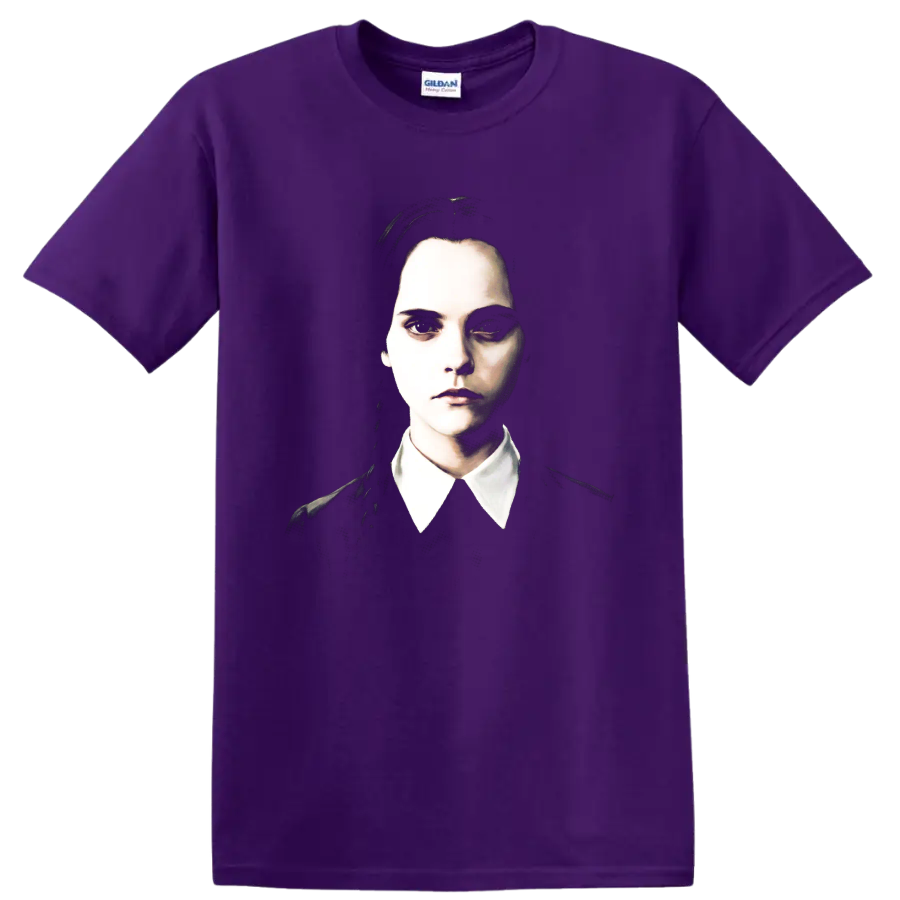 Wednesday Addams gothic portrait with white collar on a Purple T Shirt
