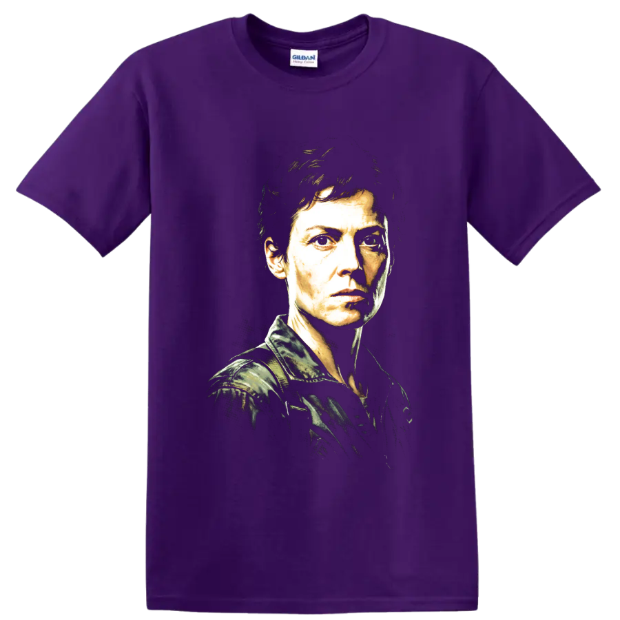 Ellen Ripley Alien portrait in a gritty high-contrast graphic style on a Purple T Shirt