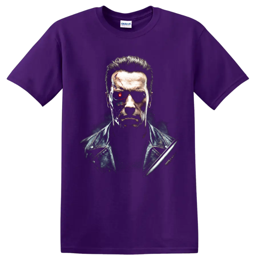 T-800 cyborg portrait from The Terminator with a glowing red eye on a Purple T Shirt