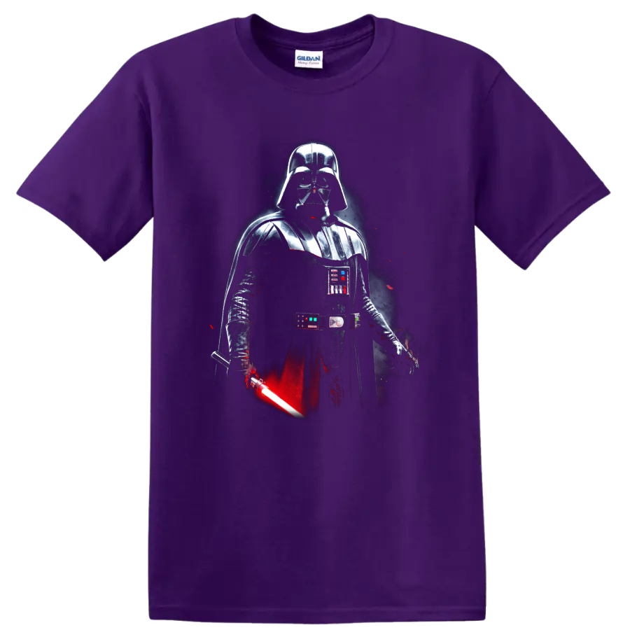 Darth Vader in dark armor with a glowing red lightsaber graphic on a Purple T Shirt