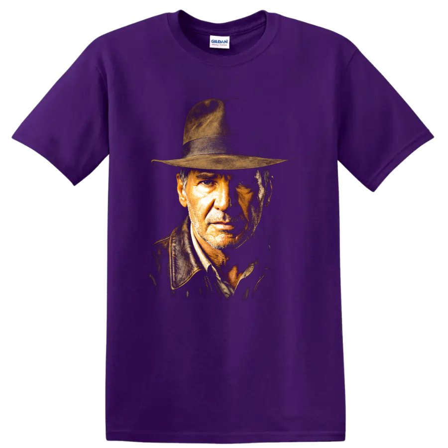Indiana Jones vintage cinematic portrait wearing a fedora on a Purple T Shirt