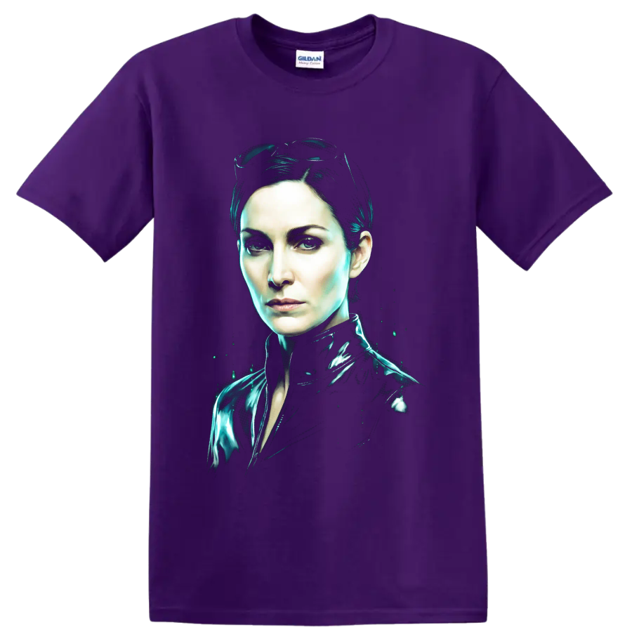 Trinity from The Matrix neon cyberpunk portrait on a Purple T Shirt
