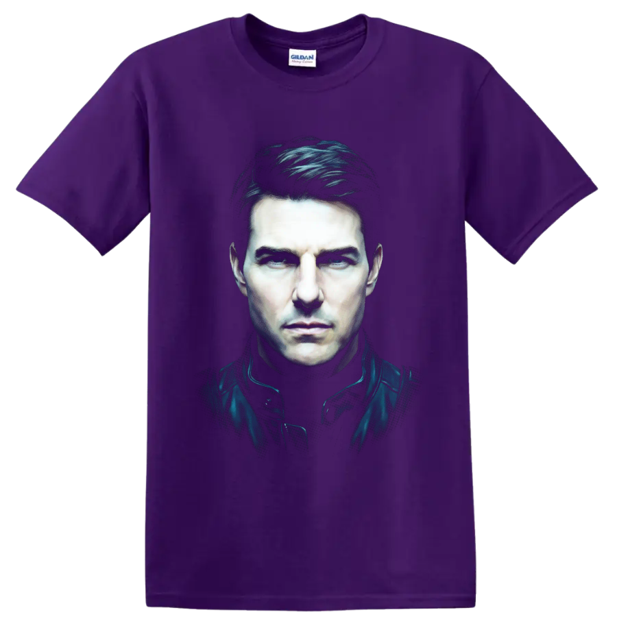 Ethan Hunt Mission Impossible cinematic portrait graphic print on a Purple T Shirt