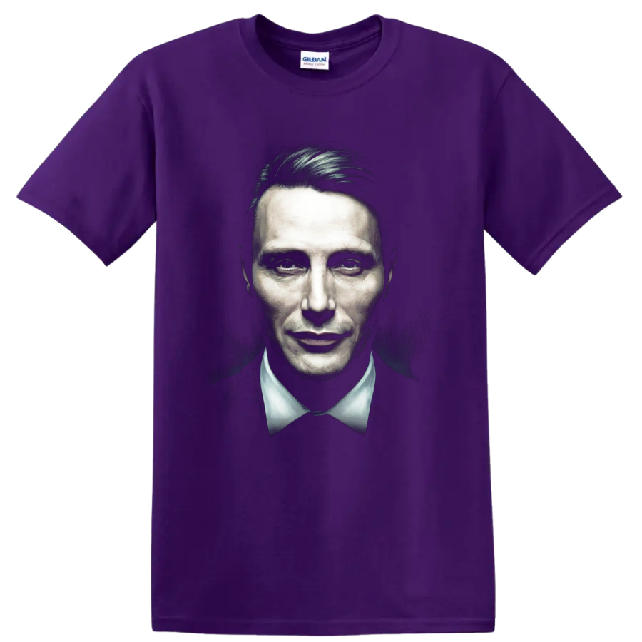 Hannibal Lecter dark painted portrait graphic print on a Purple T Shirt