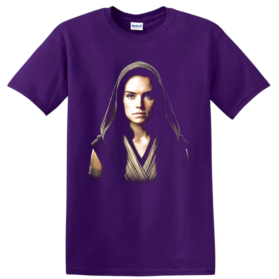 Rey Skywalker hooded Star Wars movie portrait graphic on a Purple T Shirt