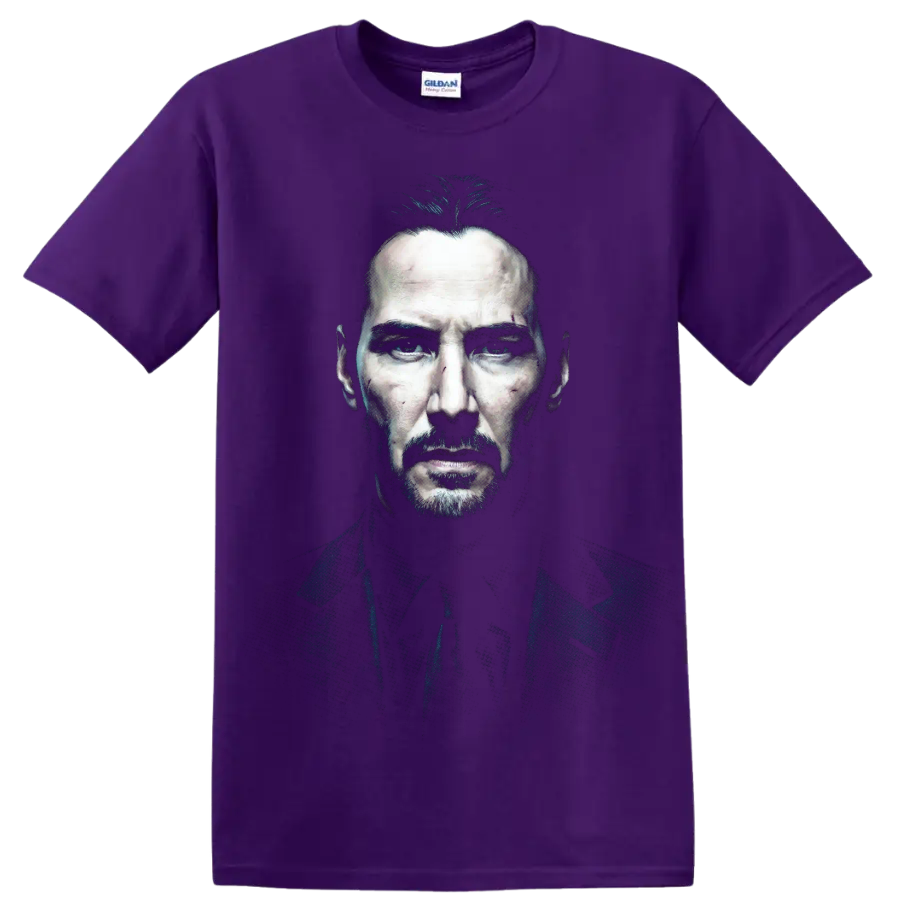 John Wick Keanu Reeves dark cinematic portrait graphic print on a Purple T Shirt
