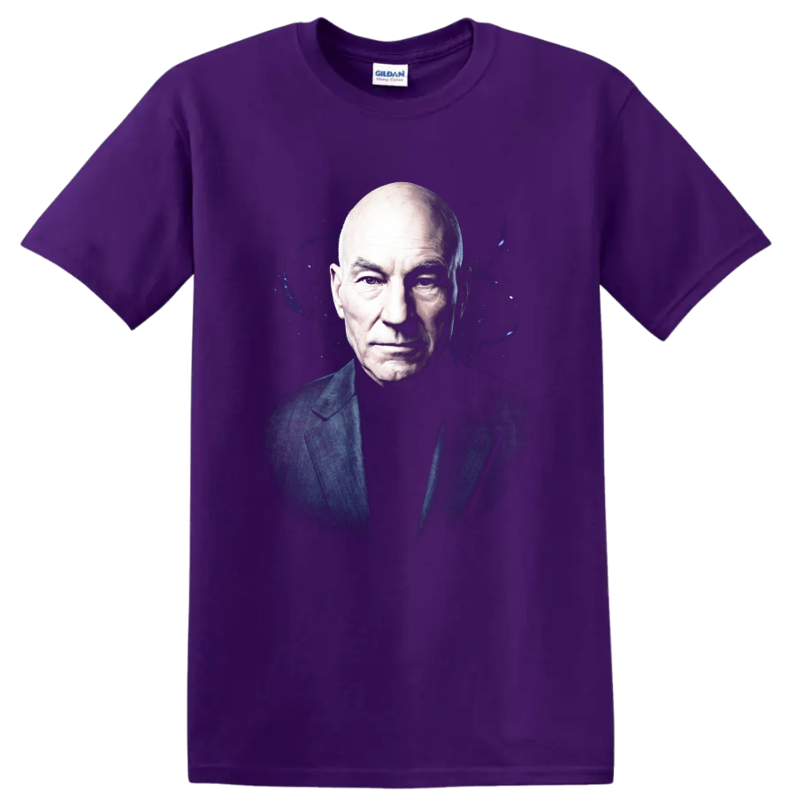 Patrick Stewart portrait with a dark cosmic blue galaxy graphic background on a Purple T Shirt
