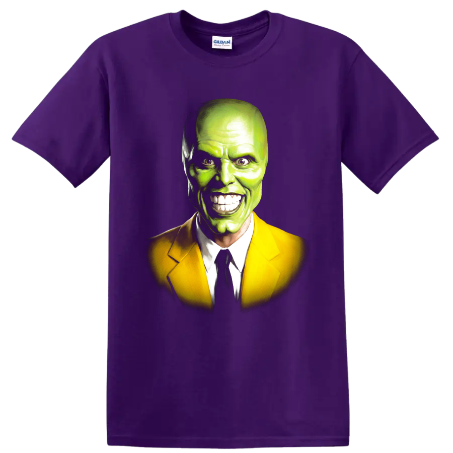 The Mask green face portrait in yellow suit graphic print on a Purple T Shirt