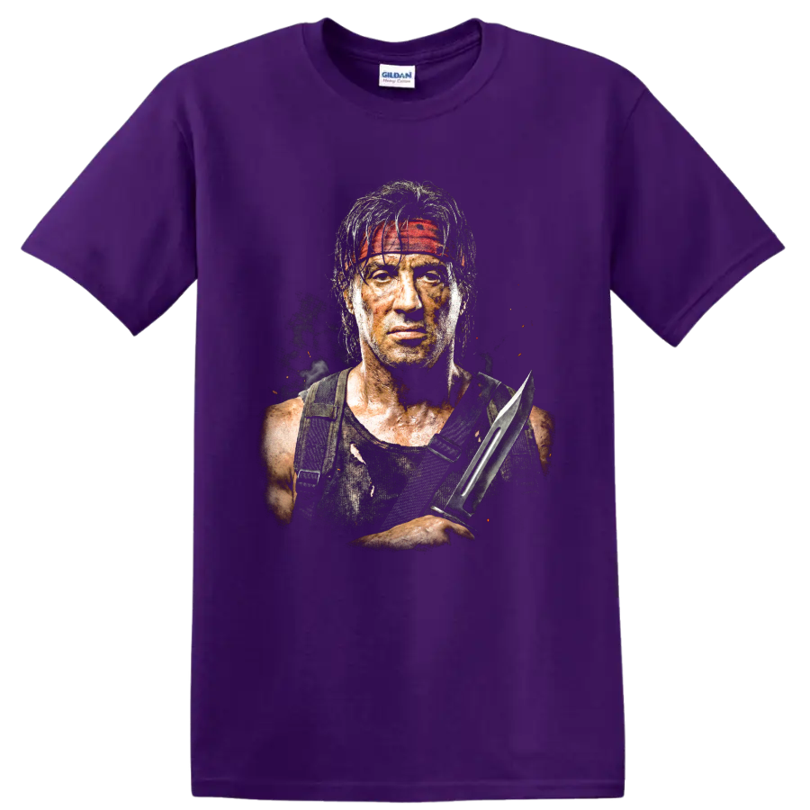 John Rambo portrait with red headband and combat knife graphic print on a Purple T Shirt
