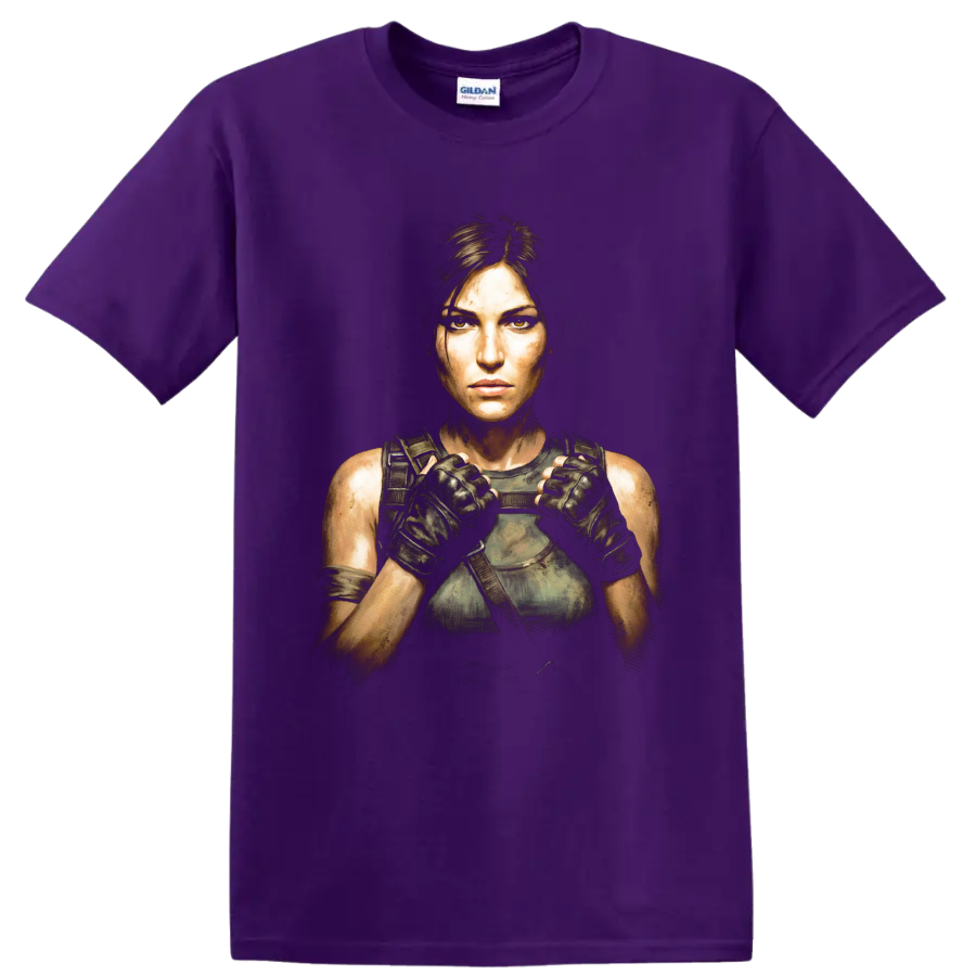Lara Croft tactical adventure portrait graphic print on a Purple T Shirt