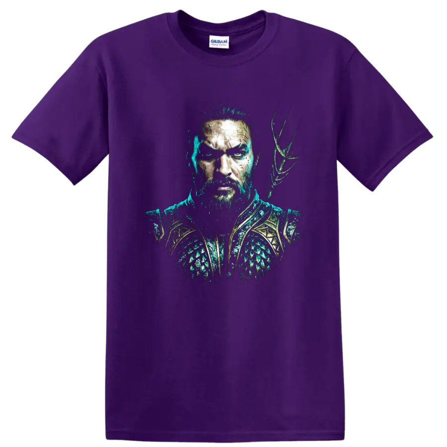 Aquaman comic-style warrior portrait with teal armor and trident on a Purple T Shirt