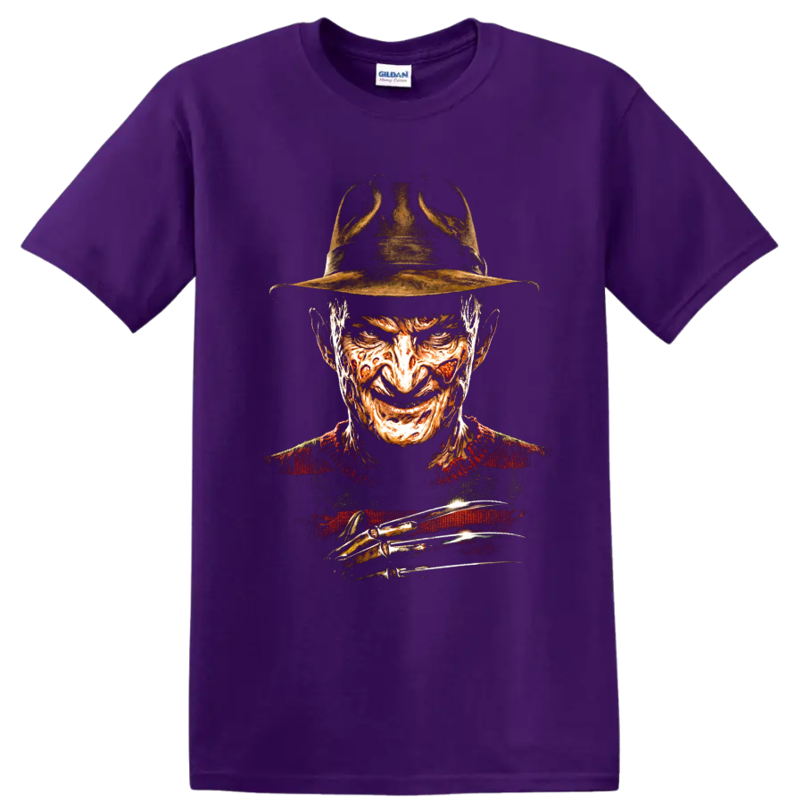 Freddy Krueger horror portrait with fedora and razor glove graphic on a Purple T Shirt