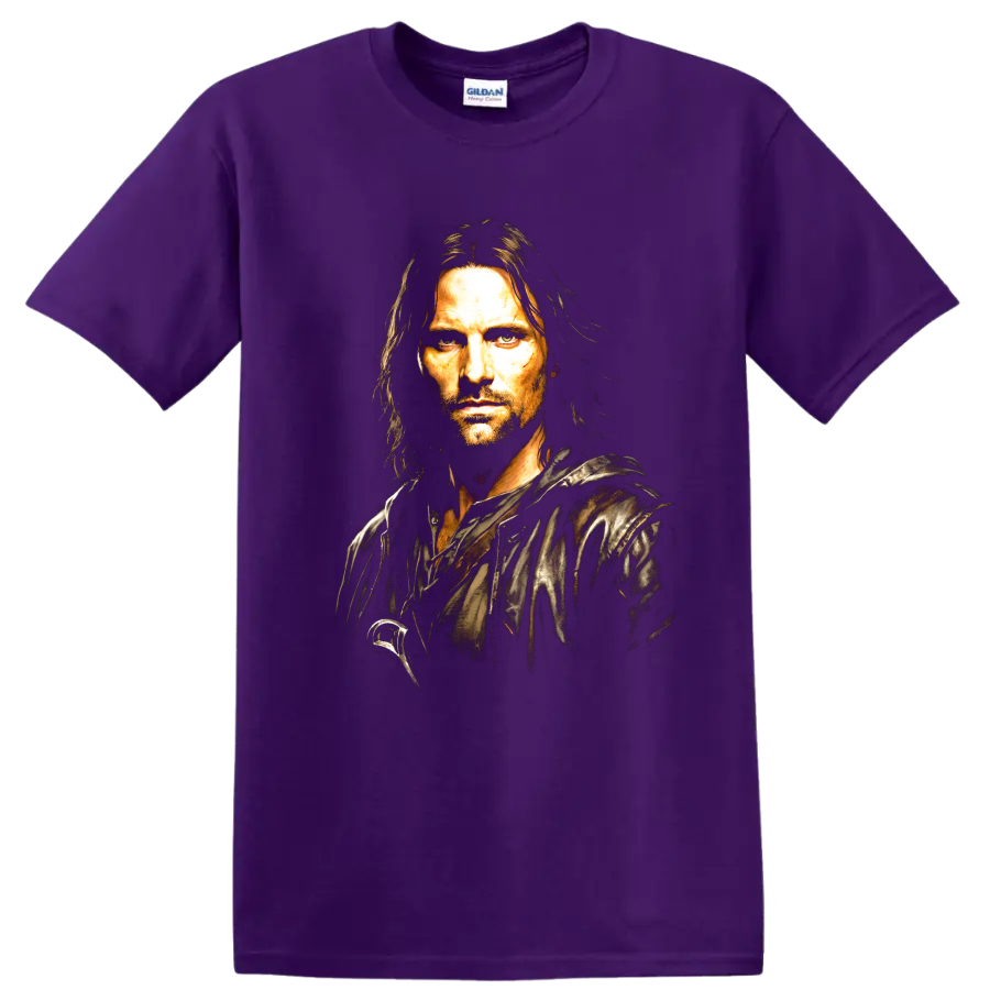 Aragorn fantasy ranger portrait graphic from The Lord of the Rings on a Purple T Shirt