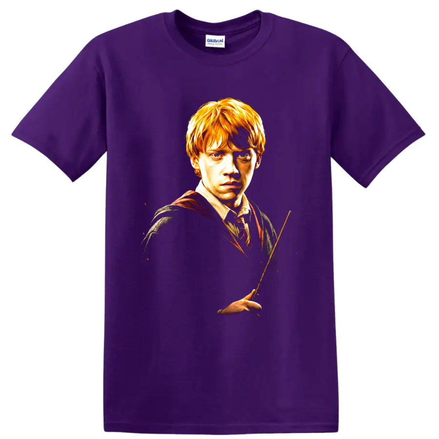 Ron Weasley wizard wand portrait graphic print on a Purple T Shirt