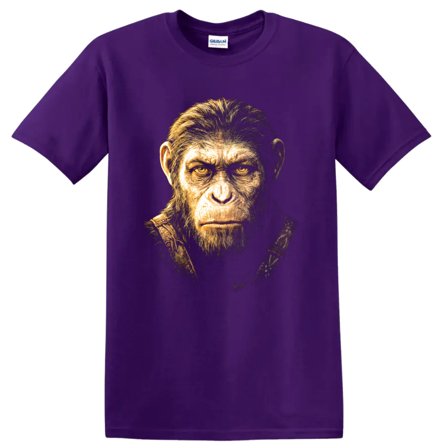 Caesar from Planet of the Apes cinematic ape portrait graphic on a Purple T Shirt