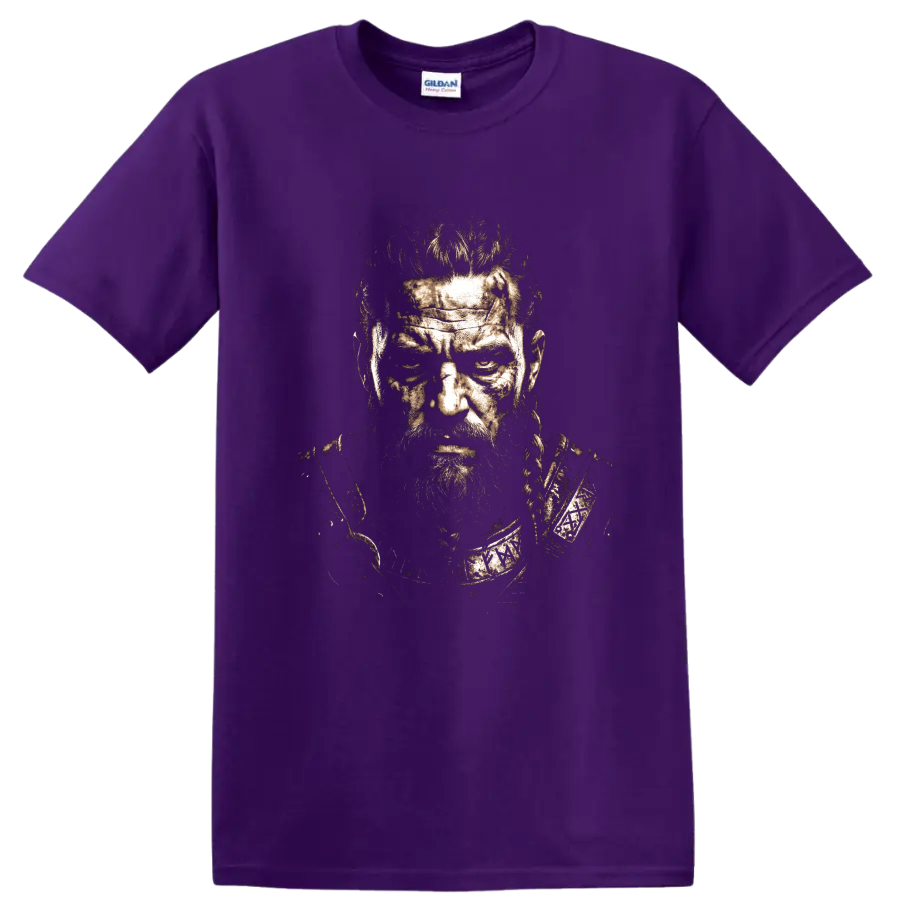 Ragnar Lothbrok distressed Norse warrior portrait graphic on a Purple T Shirt