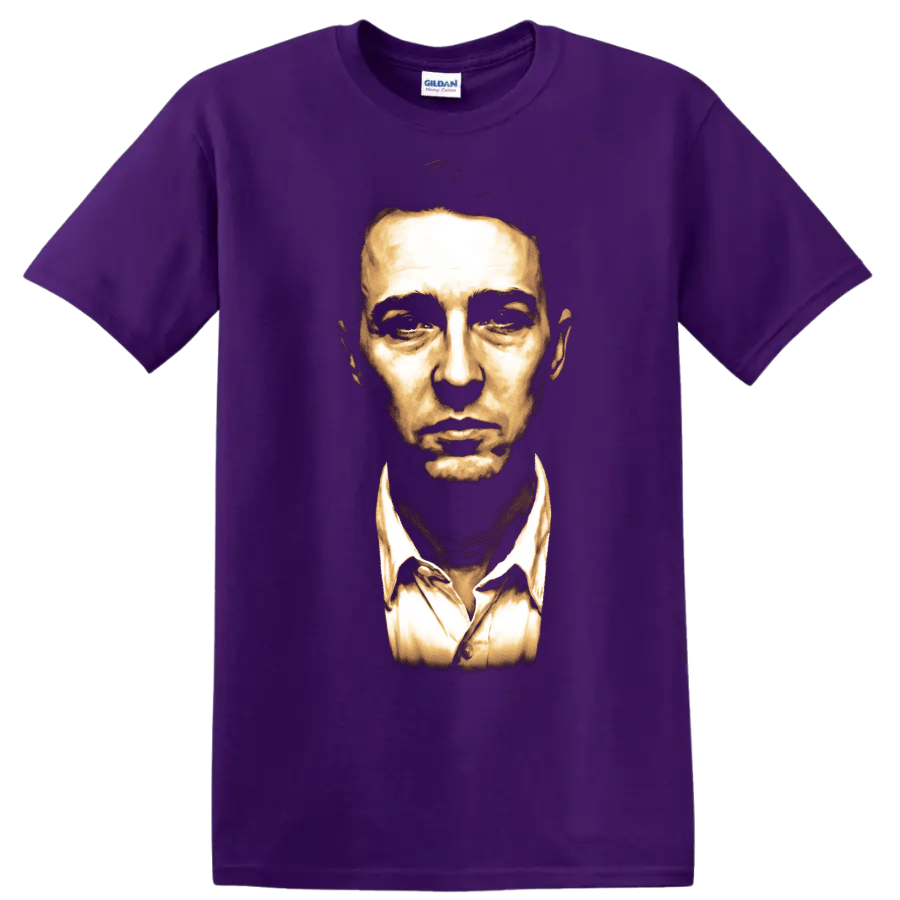 Edward Norton as The Narrator in a dramatic golden Fight Club portrait on a Purple T Shirt