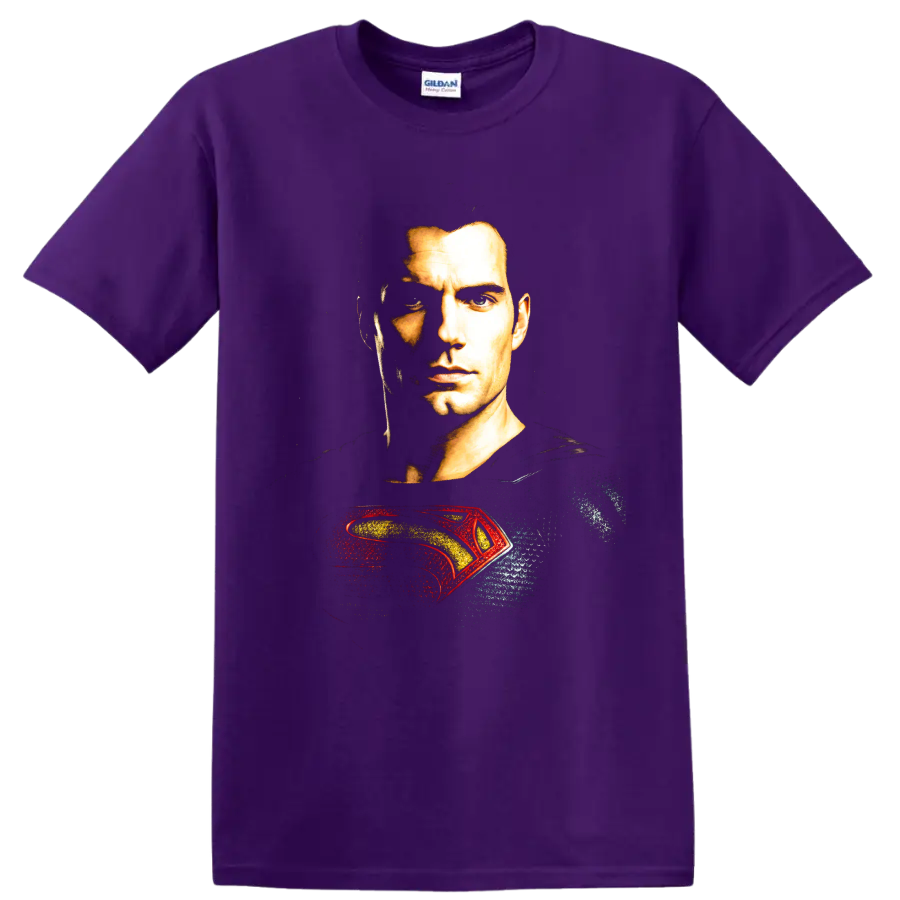 Superman portrait with red and gold emblem graphic on a Purple T Shirt