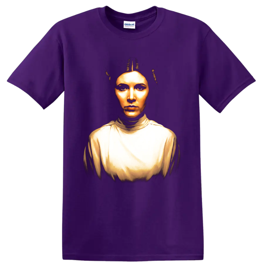 Princess Leia Organa portrait in golden cinematic style on a Purple T Shirt