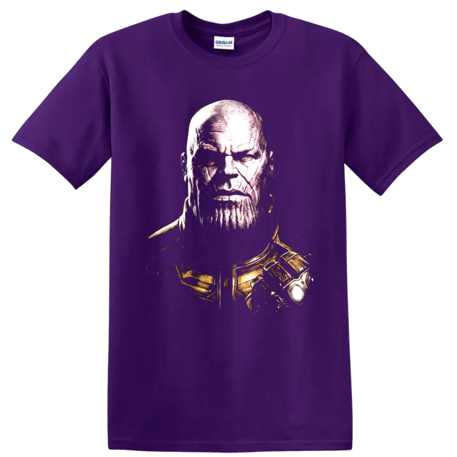 Thanos portrait graphic with gold armor in a gritty comic-art style on a Purple T Shirt