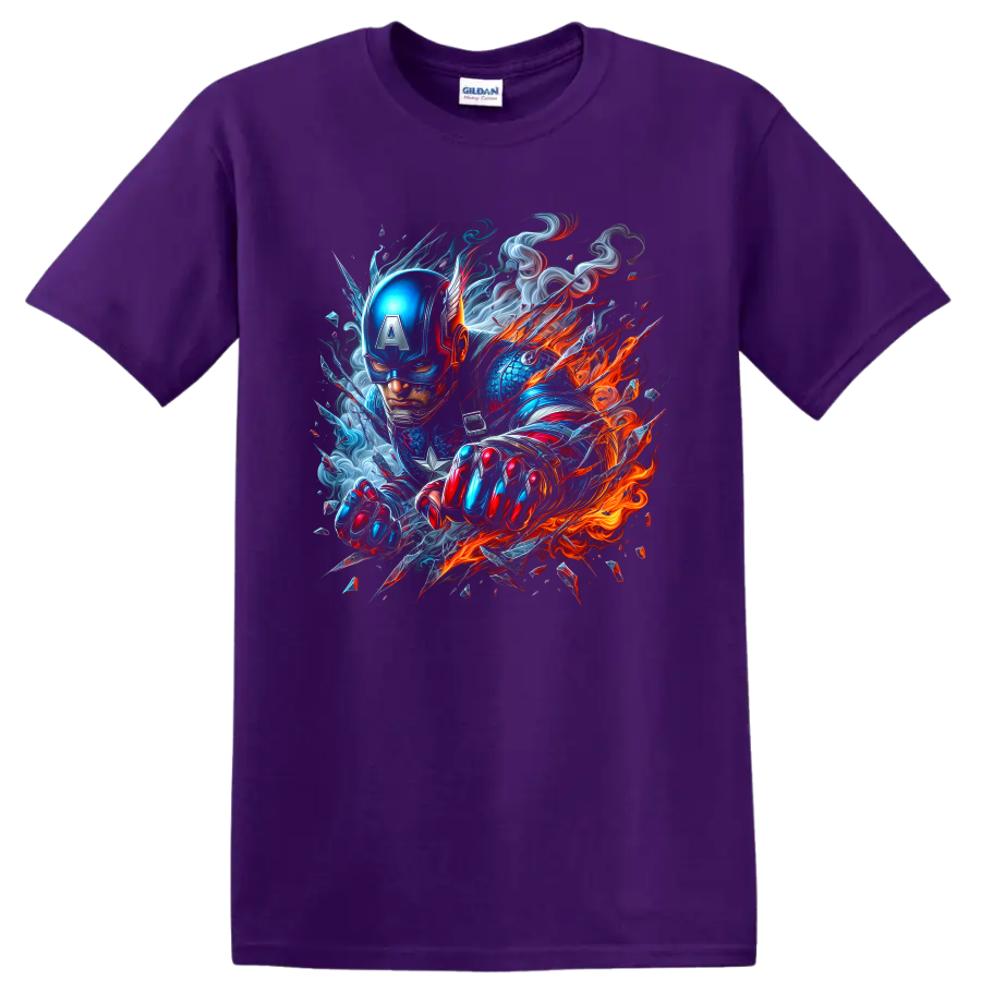 Captain America fiery action graphic with blue armor, red details, smoke, and flames on a Purple T Shirt