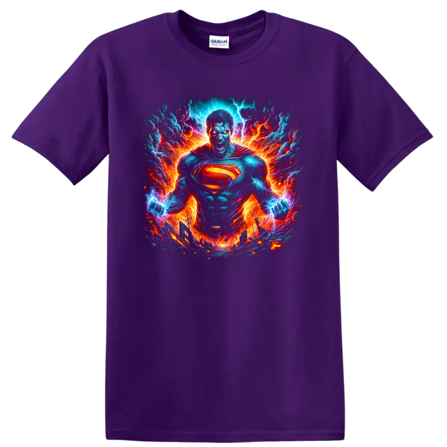 Superman in fiery lightning storm comic art with glowing chest shield on a Purple T Shirt