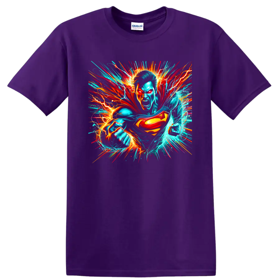 Superman neon lightning comic action graphic with cape, shield, and clenched fists on a Purple T Shirt