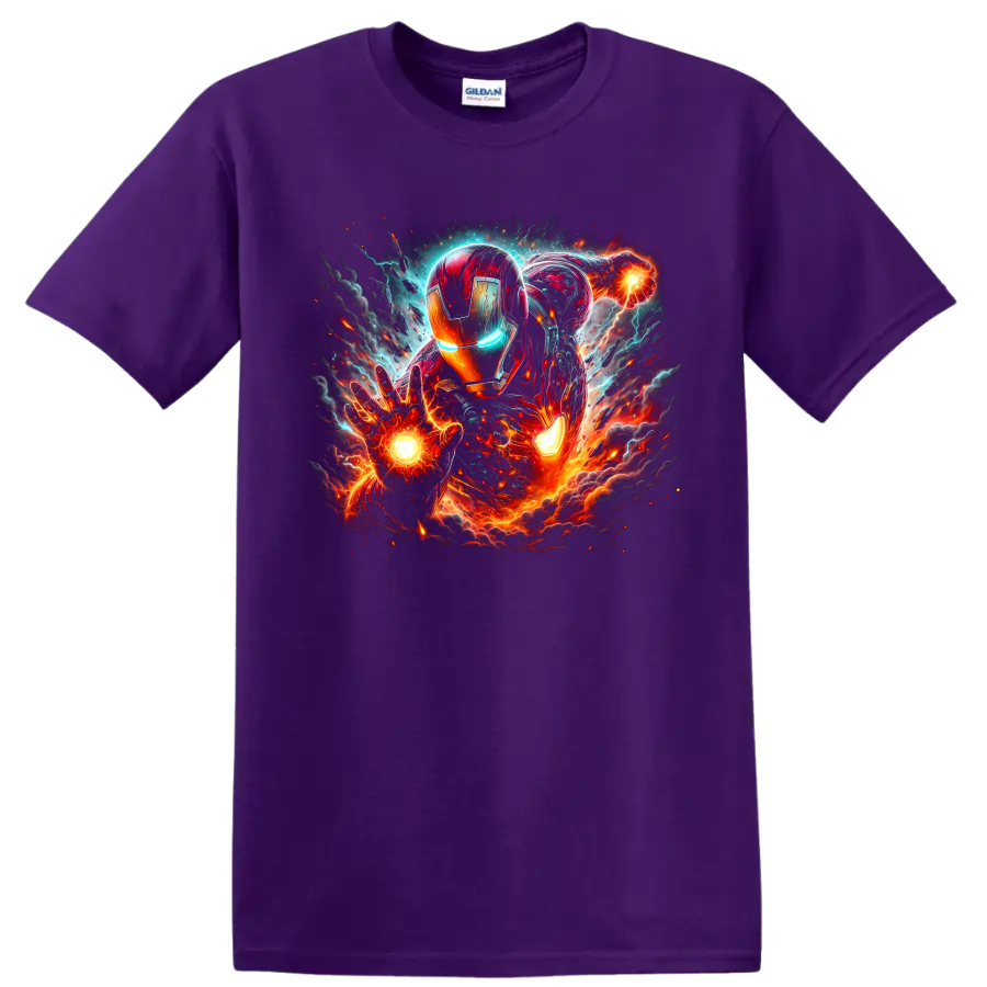 Iron Man in glowing red-and-gold armor with arc reactor and cosmic battle energy on a Purple T Shirt