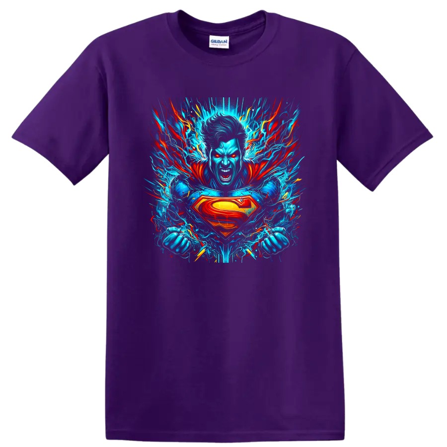 Superman electric blue and red energy burst comic hero graphic with S shield on a Purple T Shirt