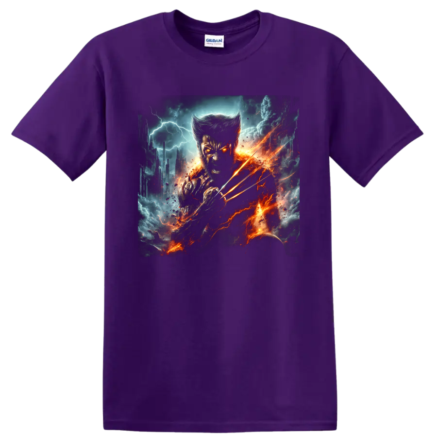 Wolverine Weapon X with extended claws in fiery lightning comic battle art on a Purple T Shirt