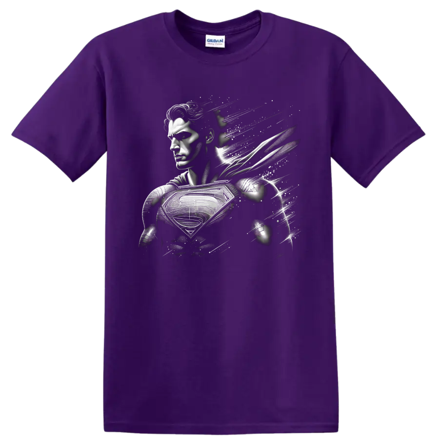 Superman monochrome abstract comic portrait with chest shield and pixel fragments on a Purple T Shirt