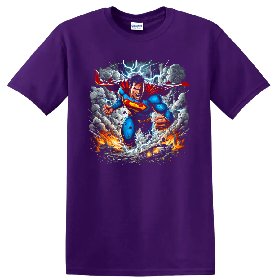 Superman charging through a lightning storm cityscape in dynamic comic art on a Purple T Shirt