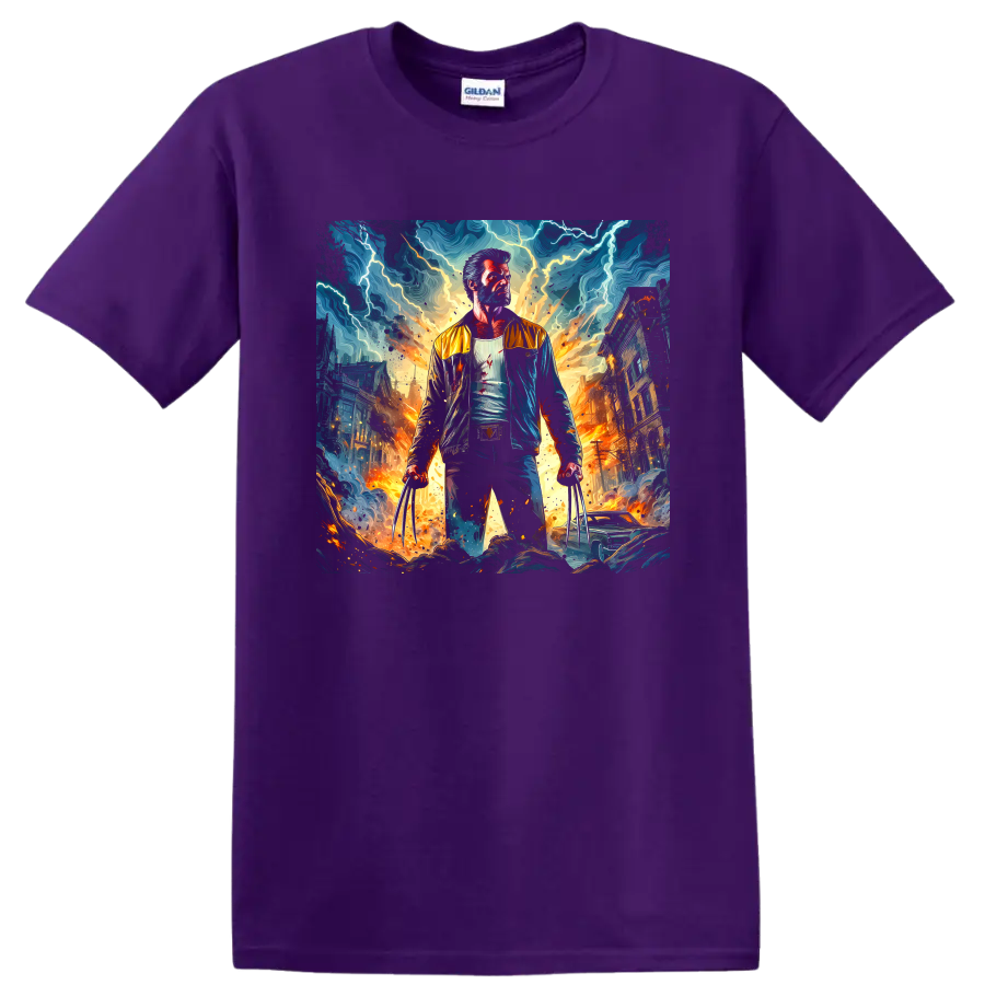 Wolverine with extended claws in a fiery stormy city battle graphic on a Purple T Shirt