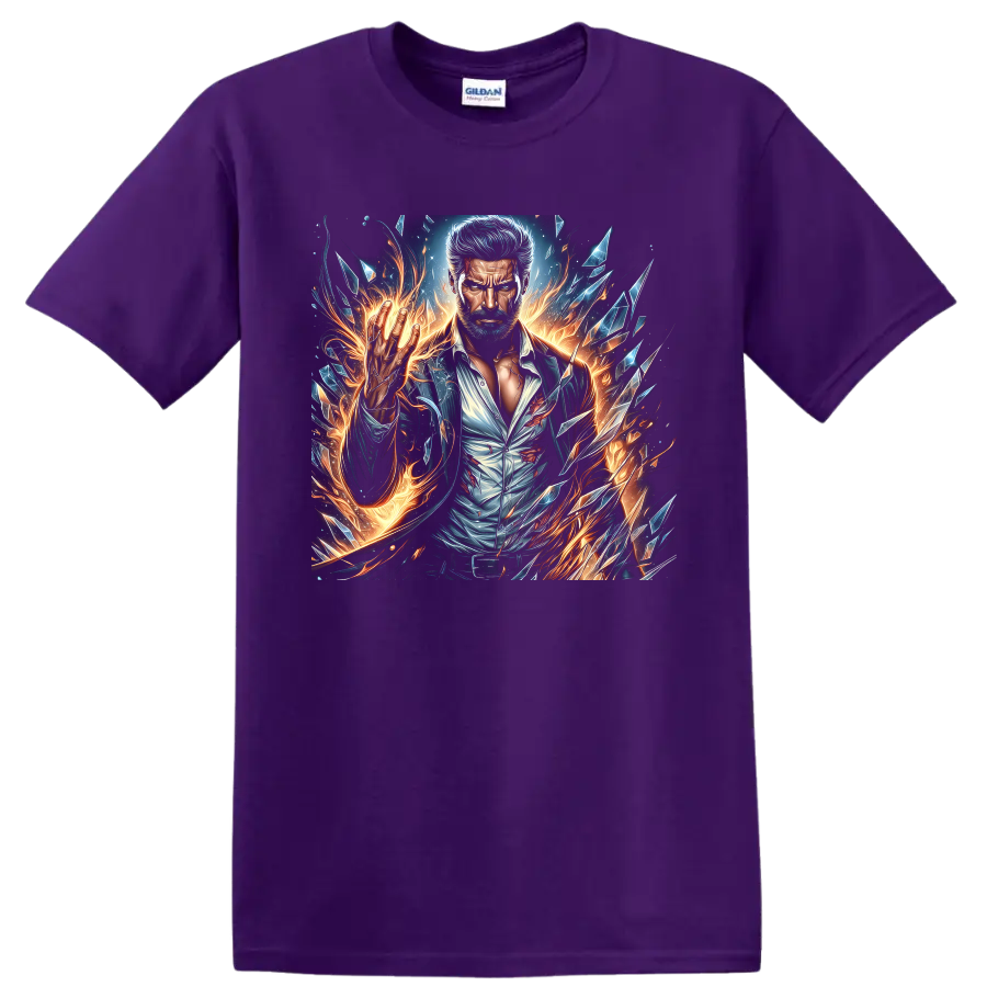 Wolverine portrait in fiery comic art with sparks and shattered crystal shards on a Purple T Shirt