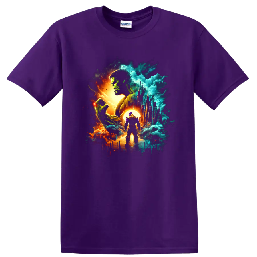 Thanos and Hulk cosmic battle illustration with futuristic cityscape on a Purple T Shirt