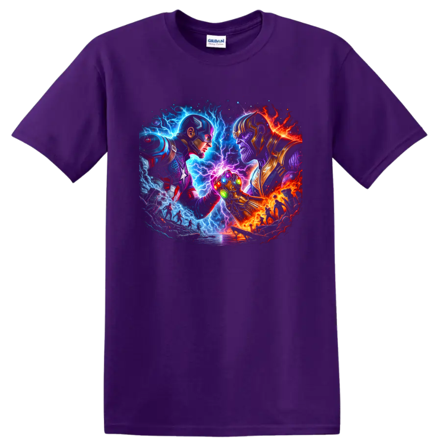 Captain America and Thanos cosmic battle art with a glowing jeweled gauntlet on a Purple T Shirt